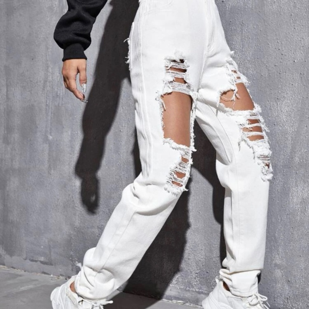 High Waisted Ripped Straight White Jeans